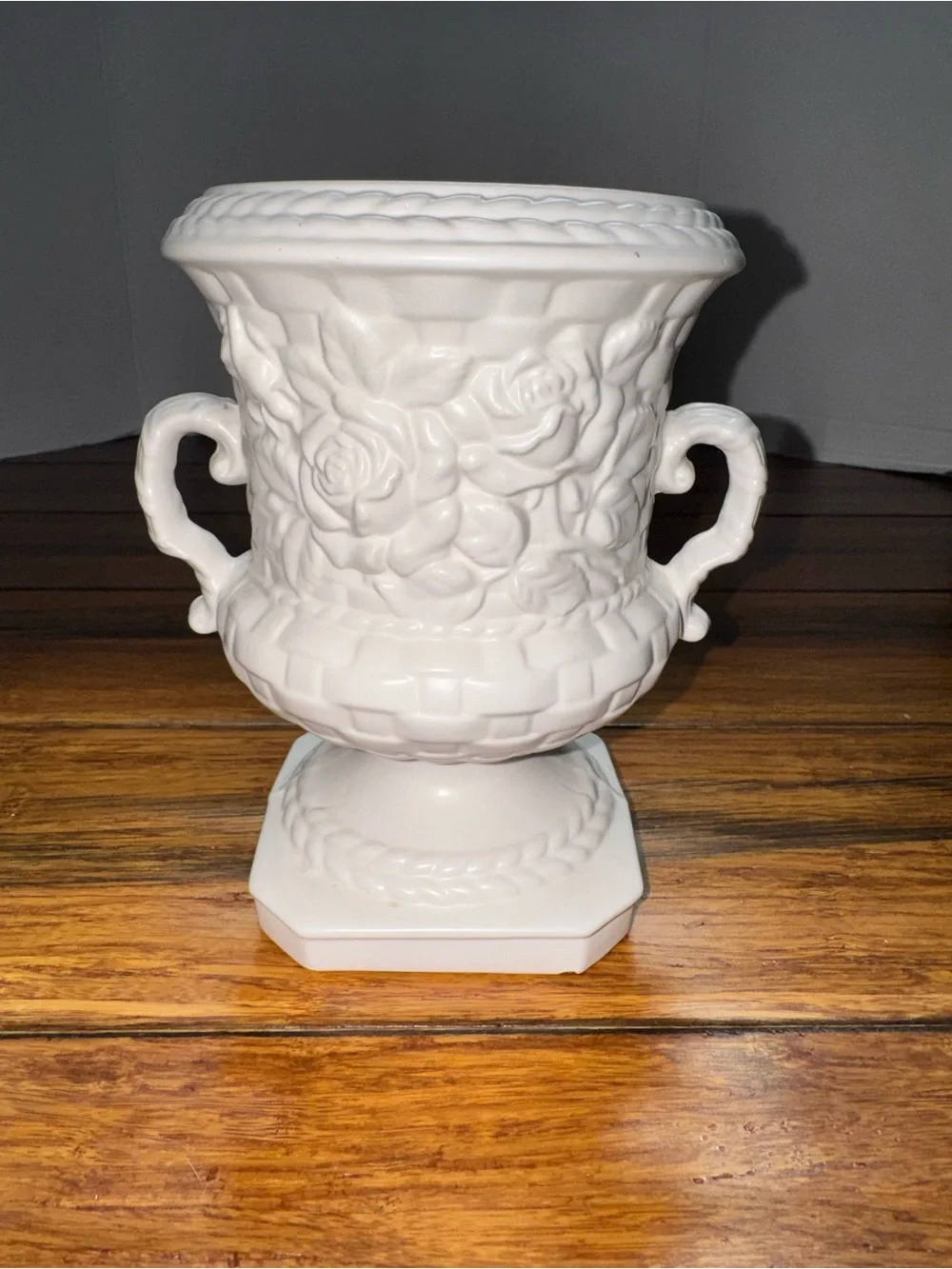 Vintage White Urn Vase with Floral Details
